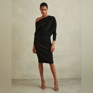 Reiss Black Lara Off-The-Shoulder Ribbed Midi Dress in Black